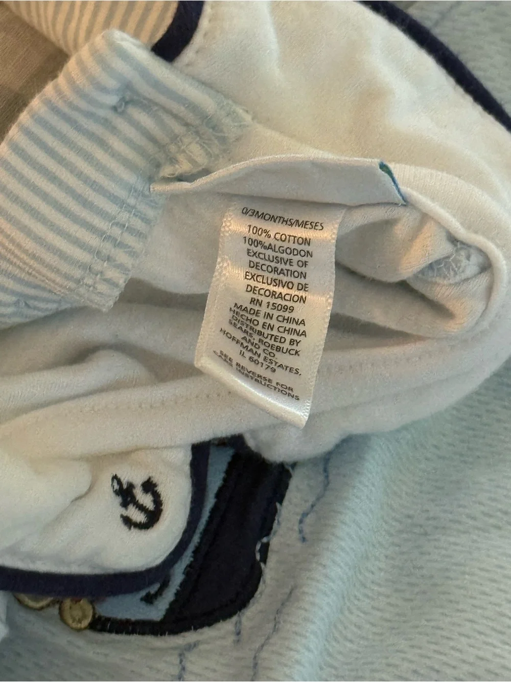 Sears Light Blue Nautical Embroidered Baby Romper with Navy Trim
